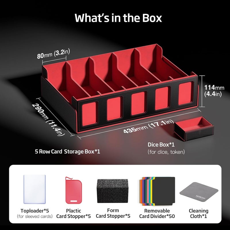 MORCCO Trading Card Storage Box 5-Row 3900+ Capacity,TCG MTG Card Case with Magnetic Lid & Commander Display,Top Loader Storage for Sports Cards,Includes Dividers Dice Box（Black＆Red） - Image 2